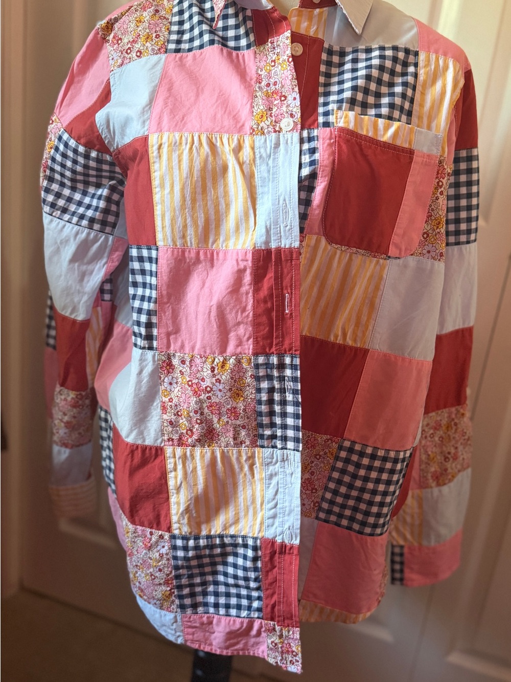 Lands End Patchwork Button Front Top Size L Cottagecore Peasant Madras Festival